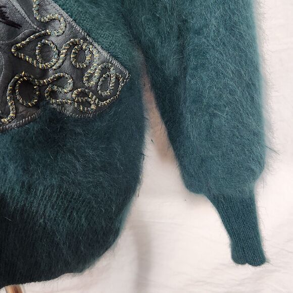 VNTG Belldini Dark Teal Angora Embellished Button Up Lined Sweater Jacket Sz Med - Picture 7 of 16